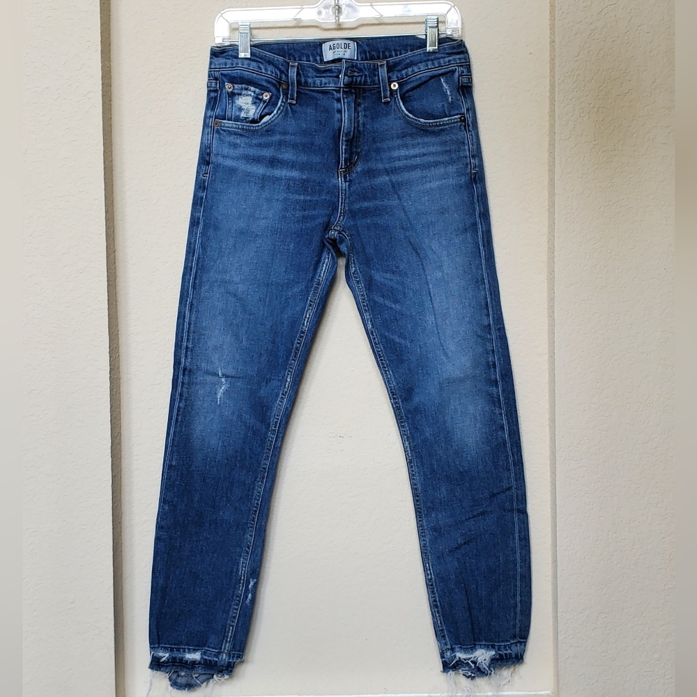 Agolde Blue Straight Leg Jeans with Distressed Details. Size 26